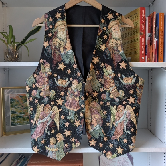 Handmade Jackets & Blazers - Tapestry Vest Black Angel & Santa Christmas Novel Black Size Large